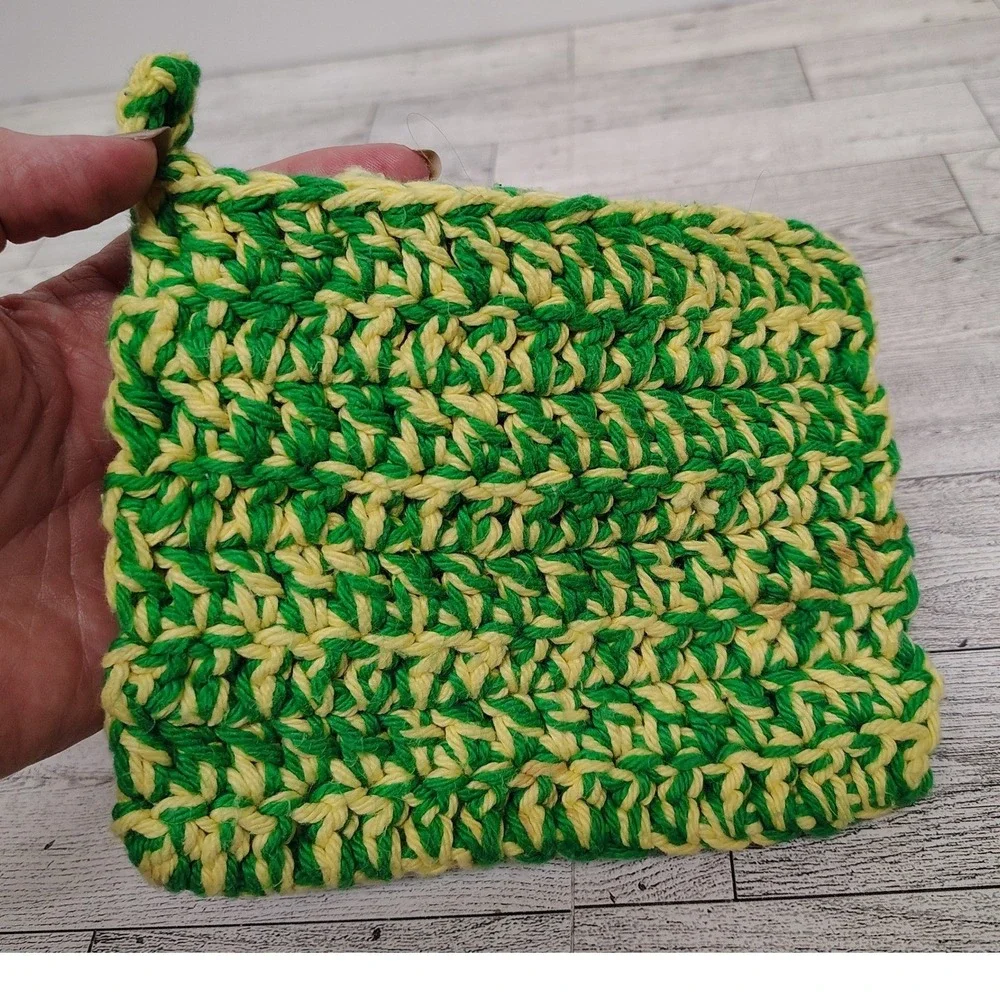 Bundled Set of 2 Handmade Crochet Potholders Green and Yellow Kitchen Decor